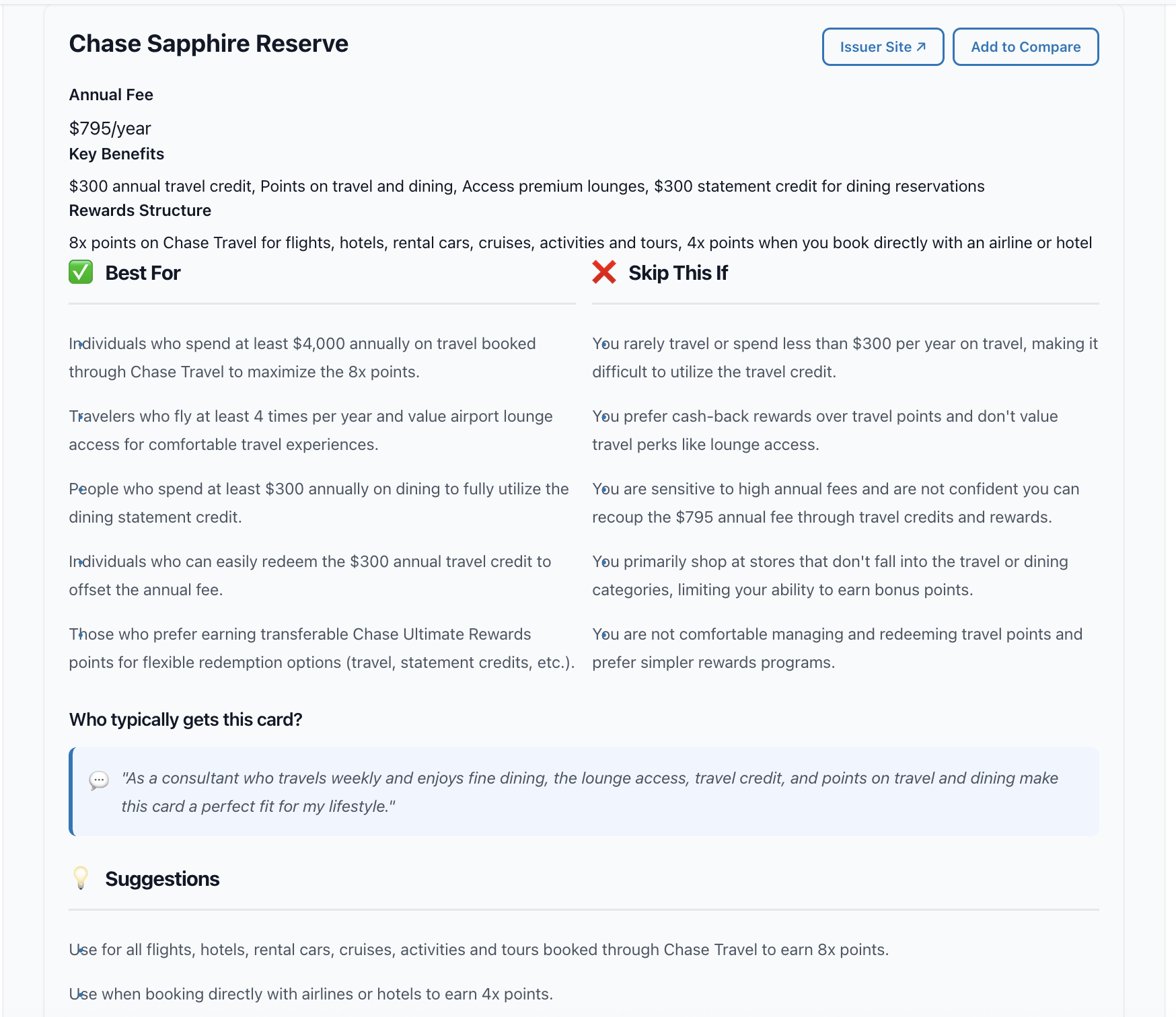 Card search results showing Chase Sapphire Reserve with detailed benefits, rewards, and AI-powered insights